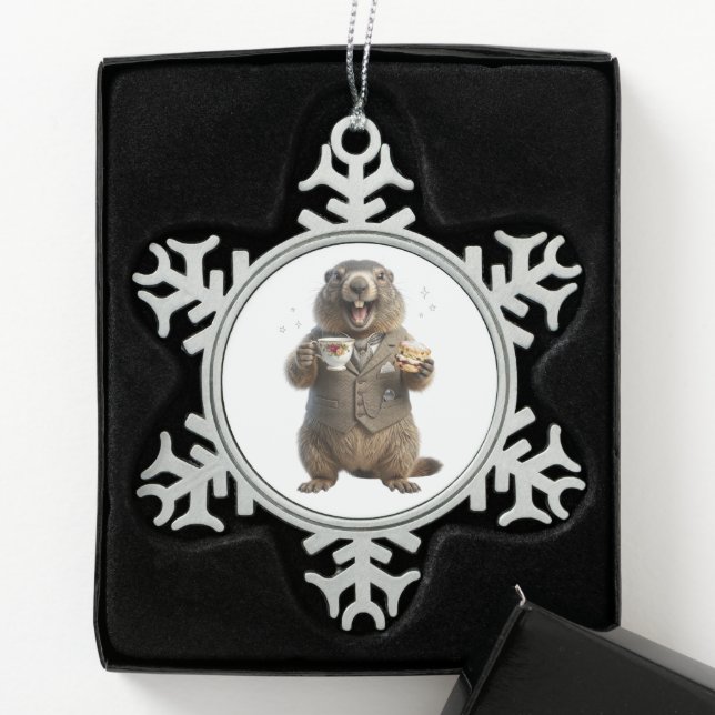 Ornement Flocon De Neige Marmotte buvant du thé (Boîte)
