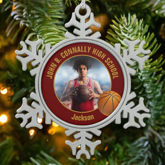 Ornement Flocon De Neige Maroon Gold Basketball Player Photo (Créateur téléchargé)