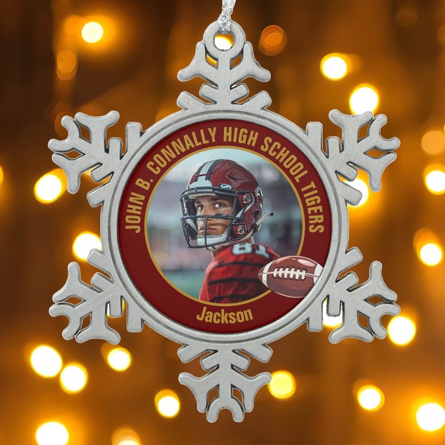 Ornement Flocon De Neige Maroon Gold High School Football Player Photo (Créateur téléchargé)