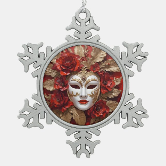 Ornement Flocon De Neige Masque carnaval rouge et or (Devant)
