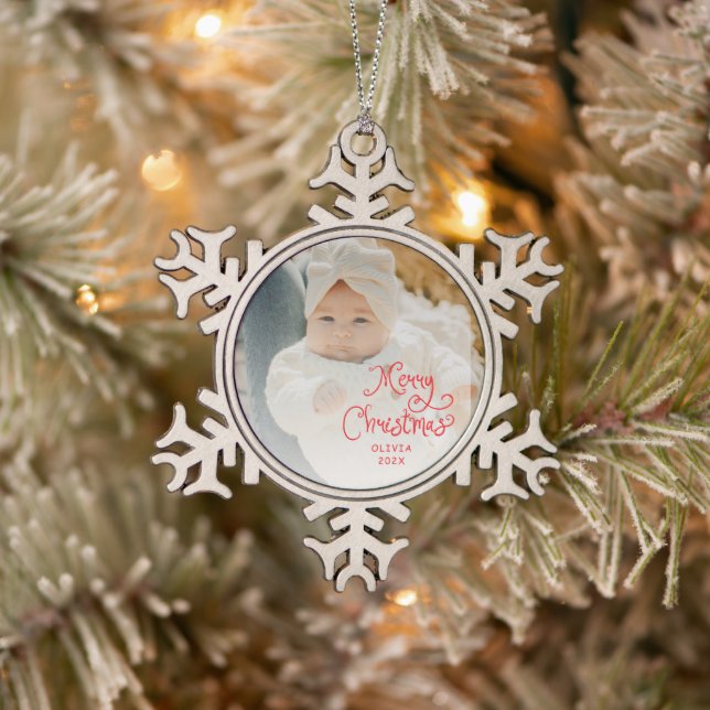 Ornement Flocon De Neige Merry Christmas Baby Photo (Arbre)