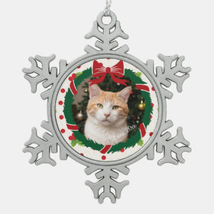 Ornement Flocon De Neige Merry Christmas Wreath and Holly Custom Pet Photo