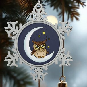 Ornement Flocon De Neige Mignon Hibou Brun Croissant Lune Étoiles Bleu