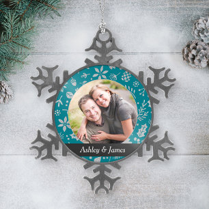 Ornement Flocon De Neige Moderne Turquoise Foliage Couple Photo