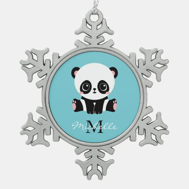 Ornement Flocon De Neige Monogram Cute Panda Personnalisé Bubble Gum Bleu (Devant)