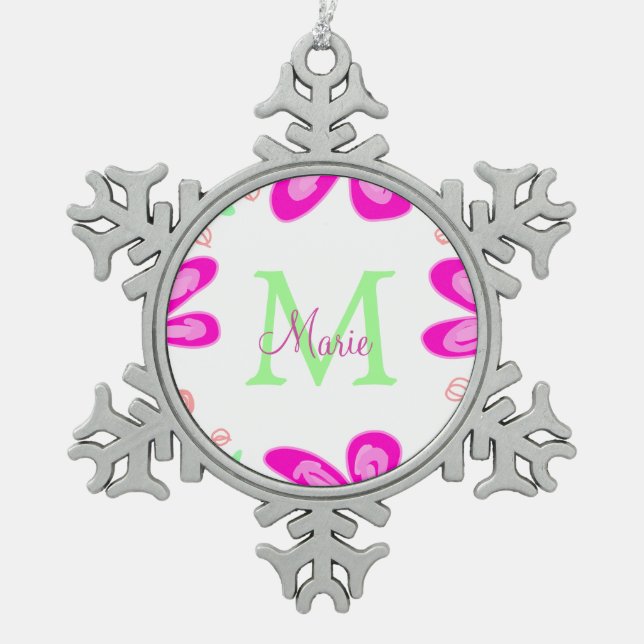 Ornement Flocon De Neige monogramme de fleur rose ajouter nom lettre feuill (Devant)