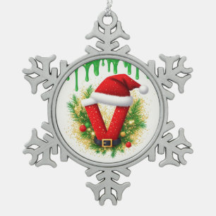 Ornement Flocon De Neige Monogramme de Noël V pour les noms de vacances