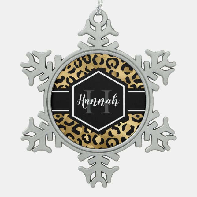 Ornement Flocon De Neige Monogramme de points de léopard noir or (Devant)