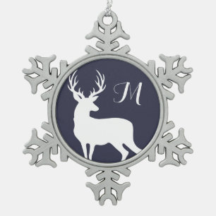 Ornement Flocon De Neige Monogramme de silhouette de cerf blanc d'hiver
