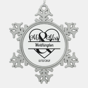 Ornement Flocon De Neige Monogramme Mariage Nom Cœur Fêtes Noël