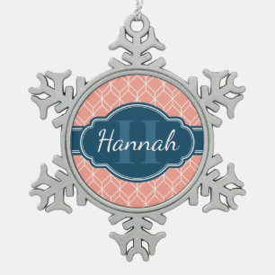 Ornement Flocon De Neige Motif diamant géométrique rose monogramme bleu
