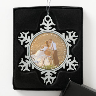 Ornement Flocon De Neige Mr & Mrs First Christmas Circle Texte Mariage Phot