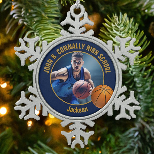 Ornement Flocon De Neige Navy Blue Gold Basketball Player Photo (Créateur téléchargé)