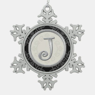 Ornement Flocon De Neige Noël argenté élégant du monogramme J