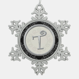 Ornement Flocon De Neige Noël argenté élégant du monogramme T