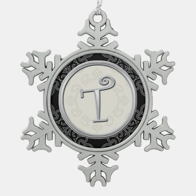 Ornement Flocon De Neige Noël argenté élégant du monogramme T (Devant)