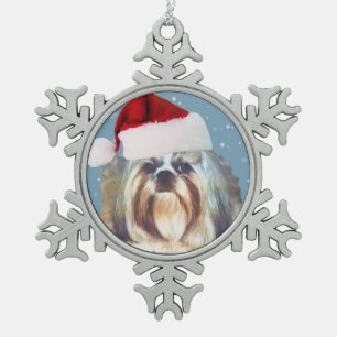 Ornement Flocon De Neige Noël, chien de Shih Tzu, casquette de Père Noël