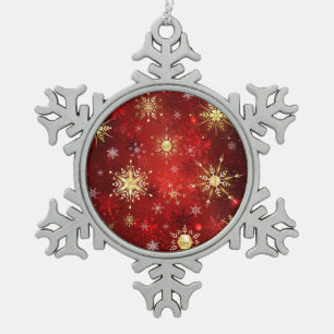 Ornement Flocon De Neige Noël Golden Snowflakes sur Arrière - plan rouge