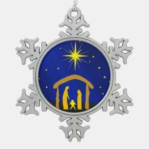 Ornement Flocon De Neige Noël Jésus dans un Manger Pewater Snowflake ornam