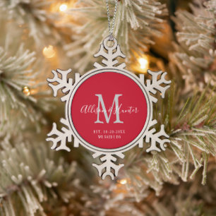 Ornement Flocon De Neige Noël Nouveaux mariés Nom du monogramme établi