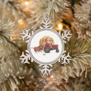 Ornement Flocon De Neige Noël Père Noël ferme tracteur vaches Lune Xmas