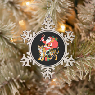 Ornement Flocon De Neige Noël Santa sur un Tigre Bonbon de Noël Xmas
