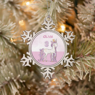 Ornement Flocon De Neige Nom personnalisé 3e anniversaire Cheval rose avec