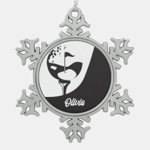 Ornement Flocon De Neige Nom personnalisé Hello Black and White Golf