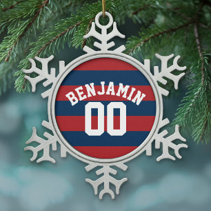 Ornement Flocon De Neige Nombre nommé de rayures de rugby de bleu marine e