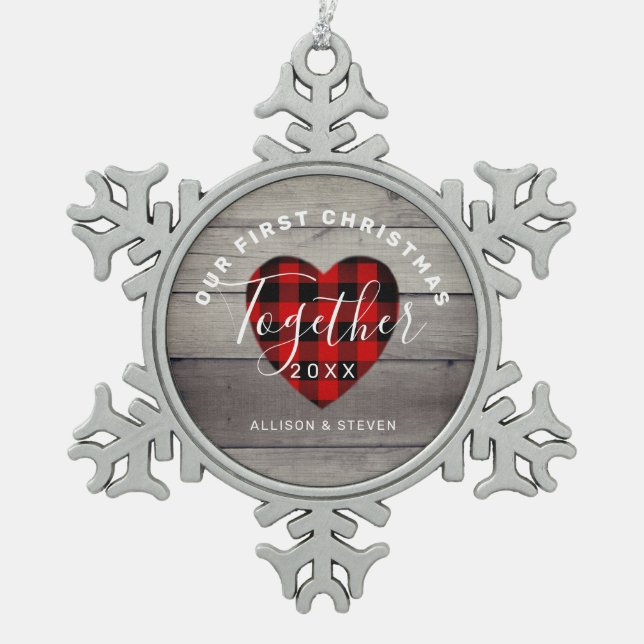 Ornement Flocon De Neige Notre premier Noël Ensemble Rustique Personnalisé (Devant)