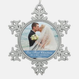Ornement Flocon De Neige Notre première photo de Mariage bleu de Noël