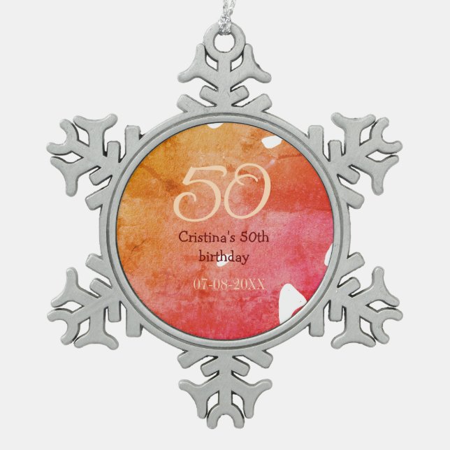 Ornement Flocon De Neige Orange rouge 50 anniversaire ajouter nom date p (Devant)