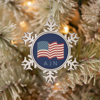 Ornement Flocon De Neige Ornement de Noël avec drapeau américain monogrammé