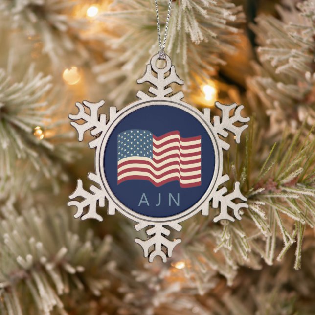 Ornement Flocon De Neige Ornement de Noël avec drapeau américain monogrammé (Arbre)