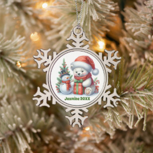 Ornement Flocon De Neige Ours polaire de Noël festif ajouter le nom date