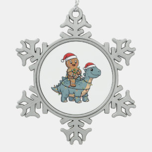 Ornement Flocon De Neige Pain d'épice à cheval sur un dinosaure Santa Noël