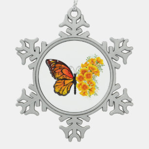 Ornement Flocon De Neige Papillon à fleurs avec Poppy de Californie jaune