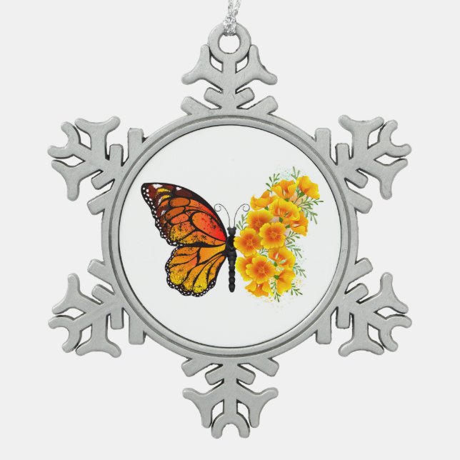 Ornement Flocon De Neige Papillon à fleurs avec Poppy de Californie jaune (Devant)