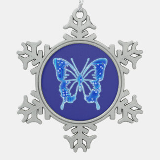 Ornement Flocon De Neige Papillon numérique bleu, personnaliser arrière - p