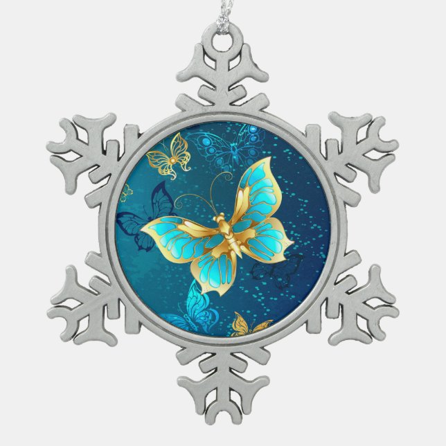 Ornement Flocon De Neige Papillons d'or sur un Arrière - plan bleu (Devant)
