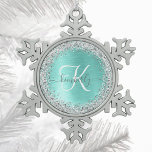 Ornement Flocon De Neige Parties scintillant argentée turquoise en métal br<br><div class="desc">Personnalisez facilement ce flocon de neige chic et branché design ornemental de Noël encadré avec une jolie parties scintillant brillante argentée sur un arrière - plan métallique brossé turquoise.</div>