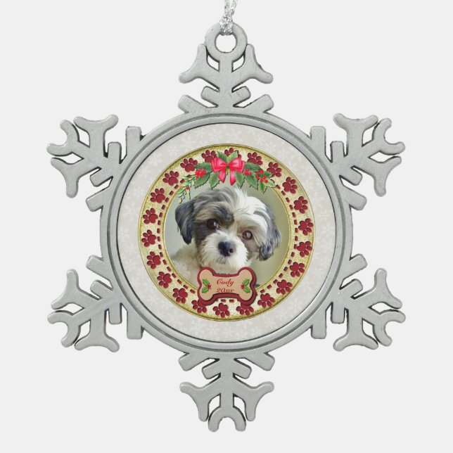 Ornement Flocon De Neige Paw Prints and Gold Frame Custom Pet Photo (Devant)