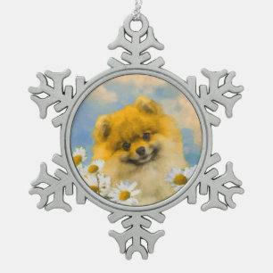 Ornement Flocon De Neige Peinture de Pomeranian dans les Pâquerettes - Art