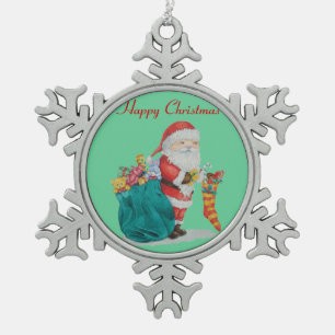 Ornement Flocon De Neige père Noël avec le sac vert a rempli de cadeaux d