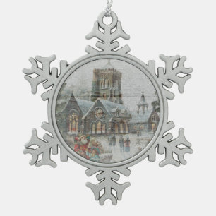 Ornement Flocon De Neige Père Noël d'autrefois avec des enfants devant une 