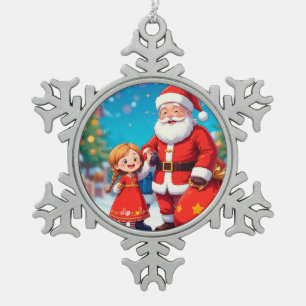 Ornement Flocon De Neige Père Noël et fille avec un sac de cadeaux