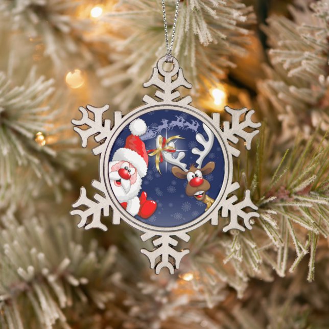 Ornement Flocon De Neige Père Noël et Reindeer Joyeux Noël Joyeux dessin an (Arbre)