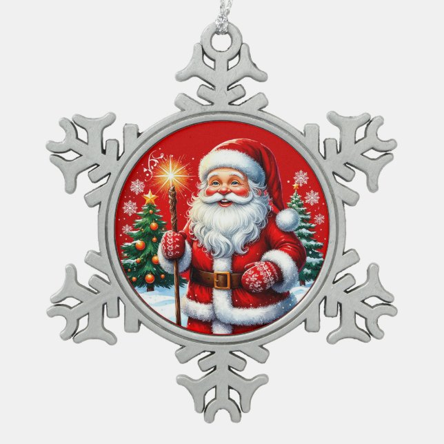 Ornement Flocon De Neige Père Noël joyeux avec Noël enneigé (Devant)