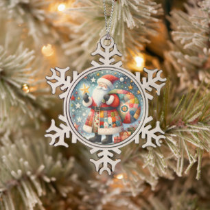 Ornement Flocon De Neige Père Noël patchwork matelassé avec étoiles de Noël