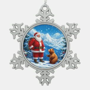 Ornement Flocon De Neige Père Noël rencontre un ours amical dans la montagn